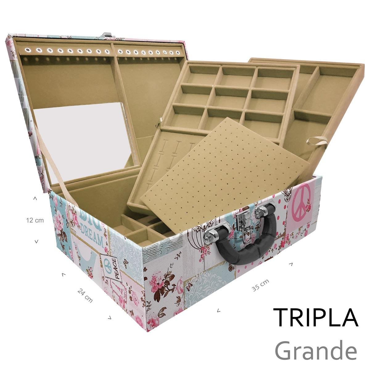 Estojo Maleta Porta Jóias Triplo Grande Happy Day Com Alça Preta e Espelho