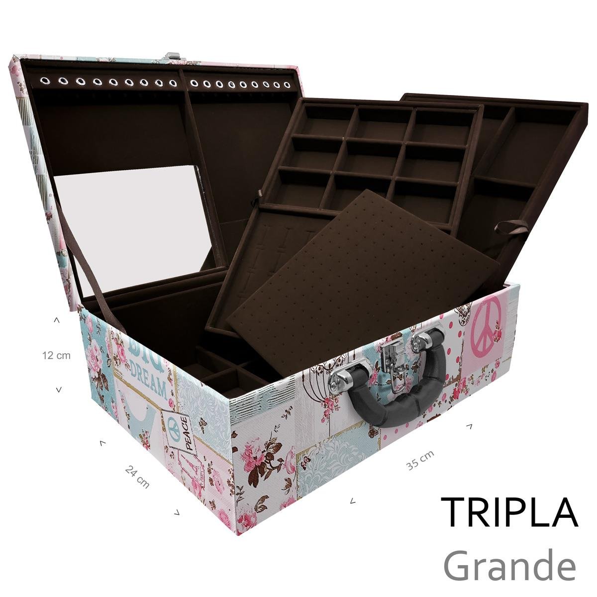 Estojo Maleta Porta Jóias Triplo Grande Happy Day Com Alça Preta e Espelho