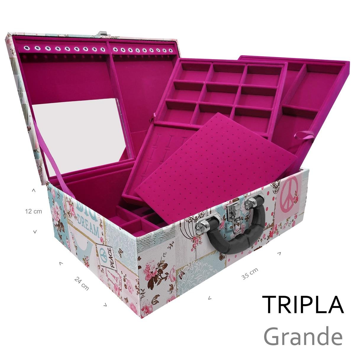 Estojo Maleta Porta Jóias Triplo Grande Happy Day Com Alça Preta e Espelho