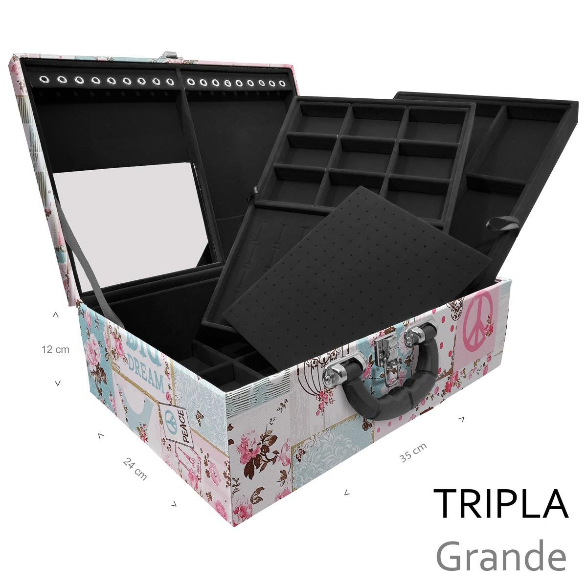 Estojo Maleta Porta Jóias Triplo Grande Happy Day Com Alça Preta e Espelho