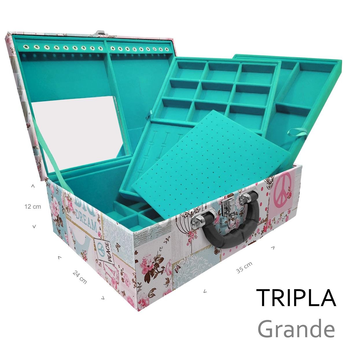 Estojo Maleta Porta Jóias Triplo Grande Happy Day Com Alça Preta e Espelho