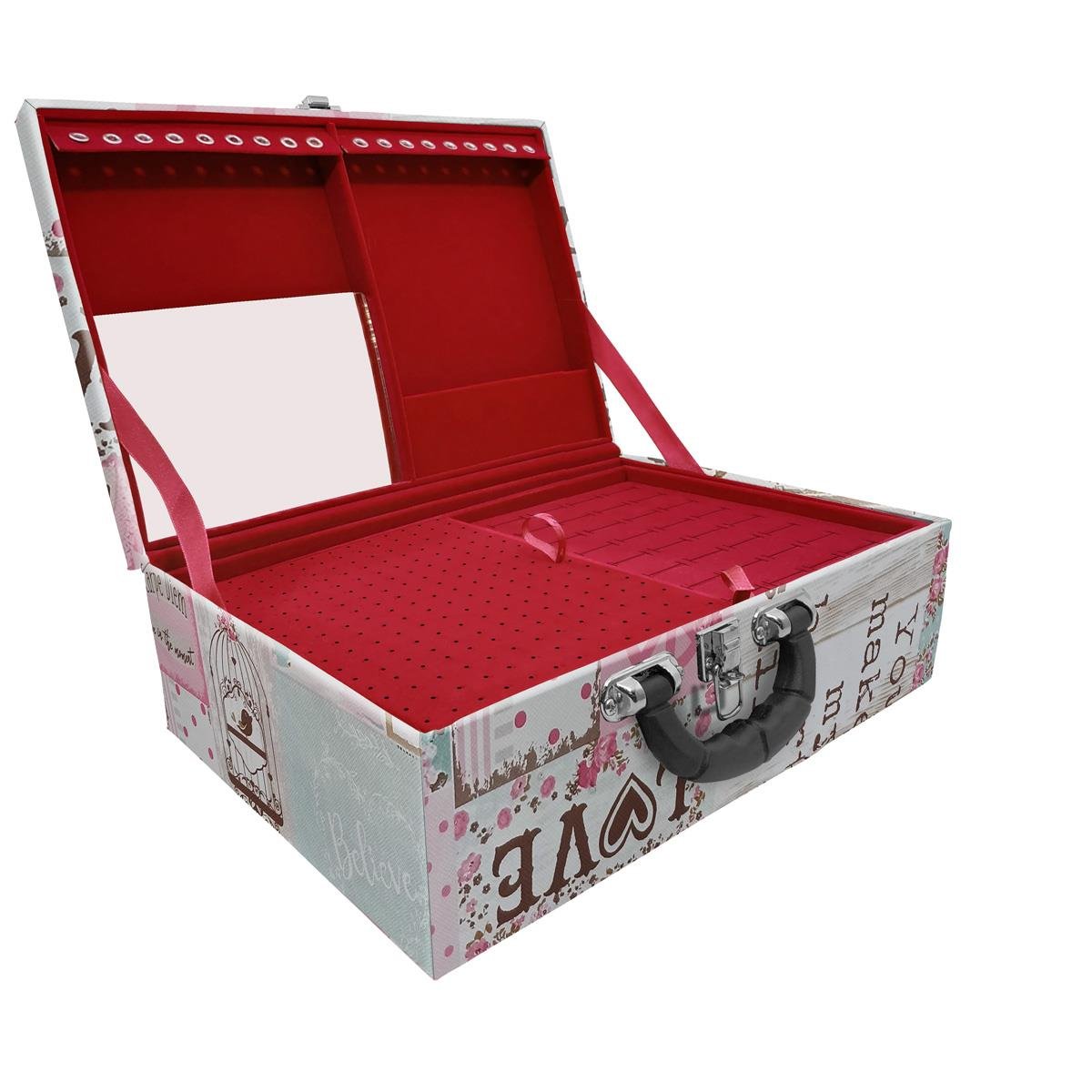 Estojo Maleta Porta Jóias Triplo Grande Happy Day Com Alça Preta e Espelho