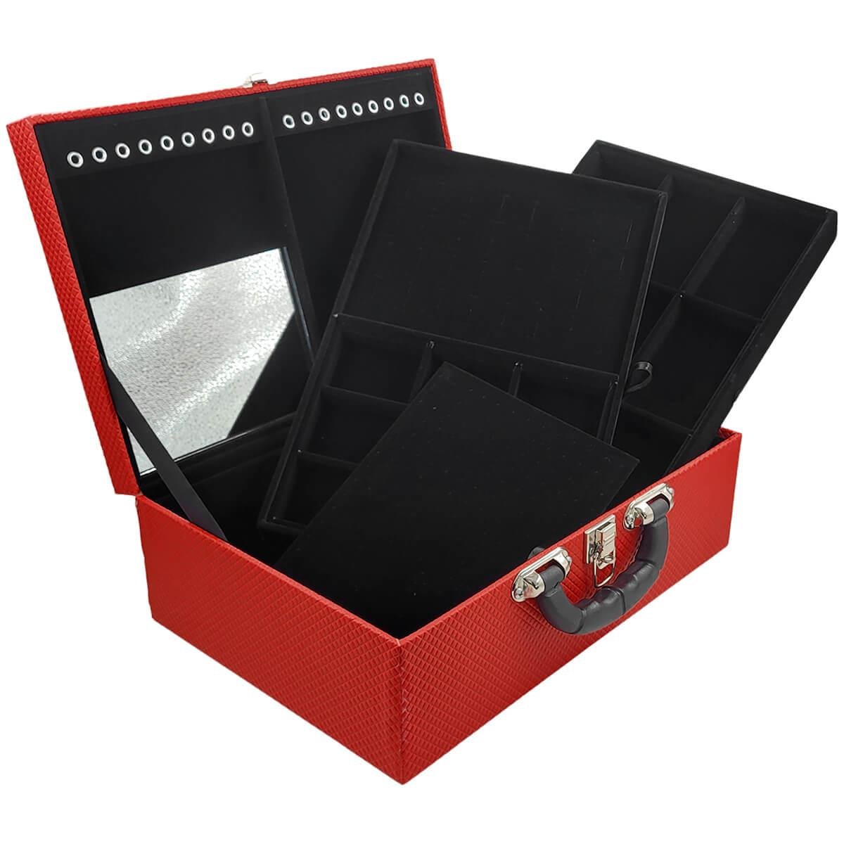 Estojo Maleta Porta Jóias Triplo Grande Ibiza Com Alça Preta e Espelho