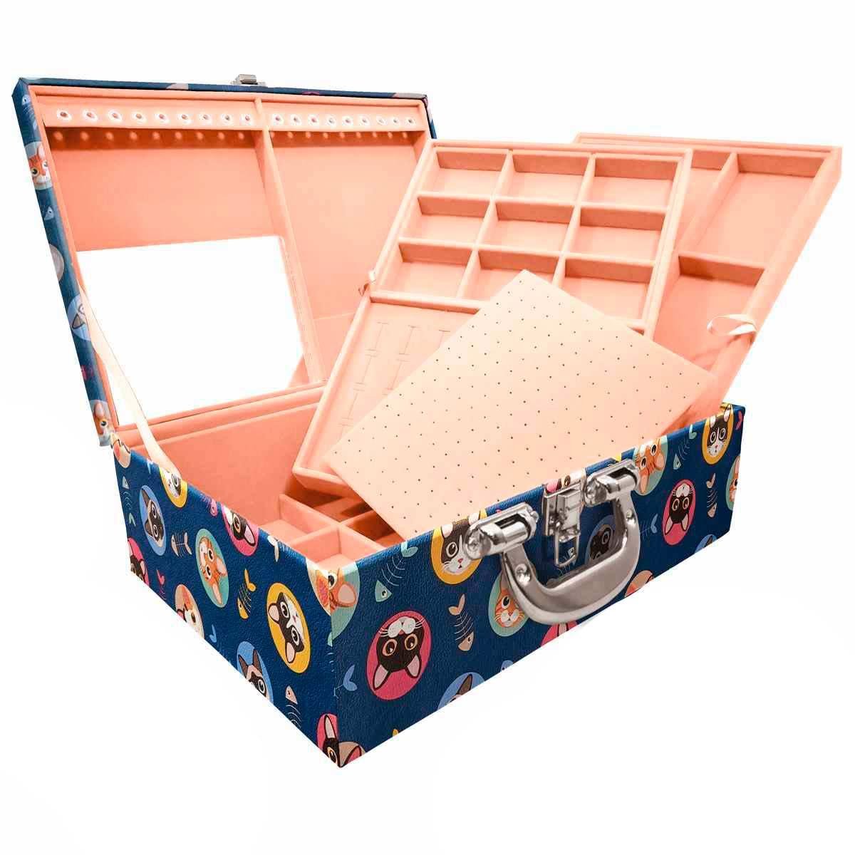 Estojo Maleta Porta Jóias Triplo Grande Kitty Com Alça Cromada e Espelho
