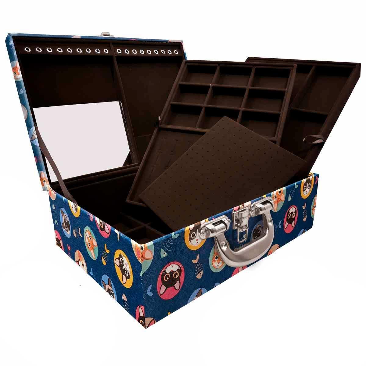 Estojo Maleta Porta Jóias Triplo Grande Kitty Com Alça Cromada e Espelho