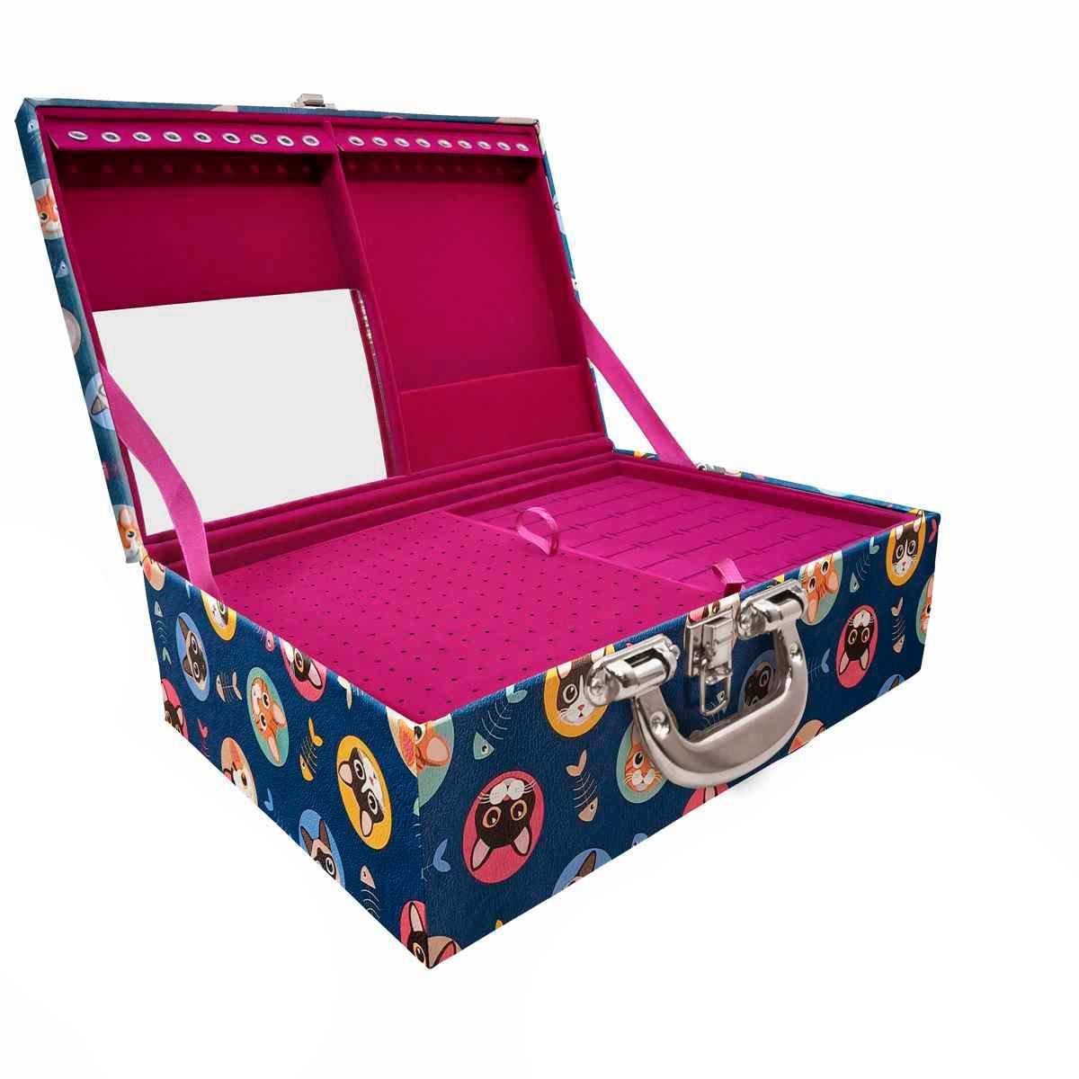 Estojo Maleta Porta Jóias Triplo Grande Kitty Com Alça Cromada e Espelho