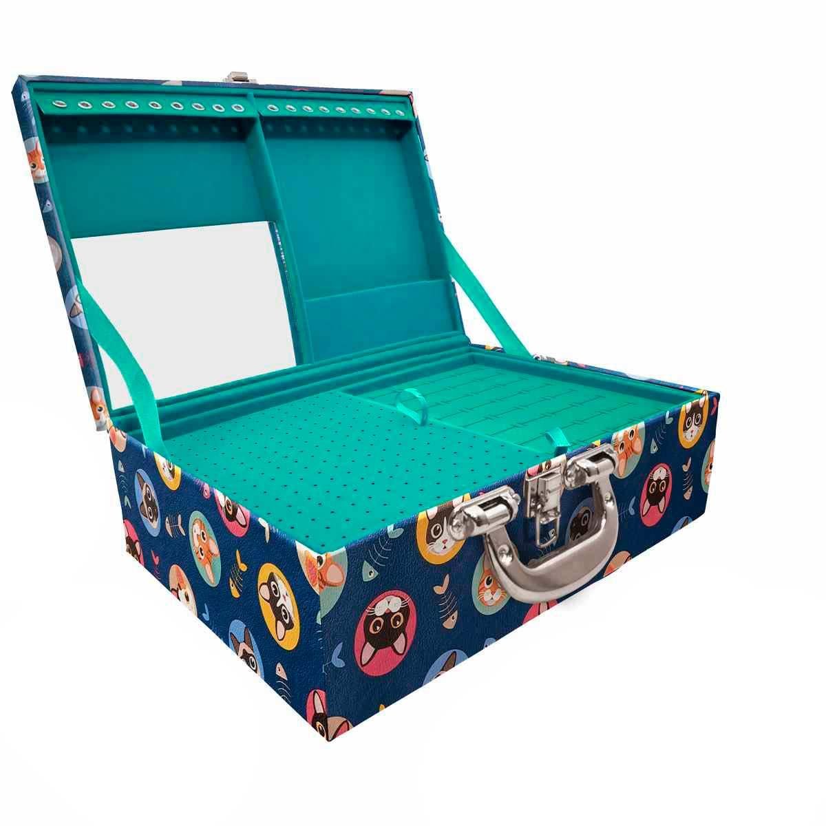 Estojo Maleta Porta Jóias Triplo Grande Kitty Com Alça Cromada e Espelho