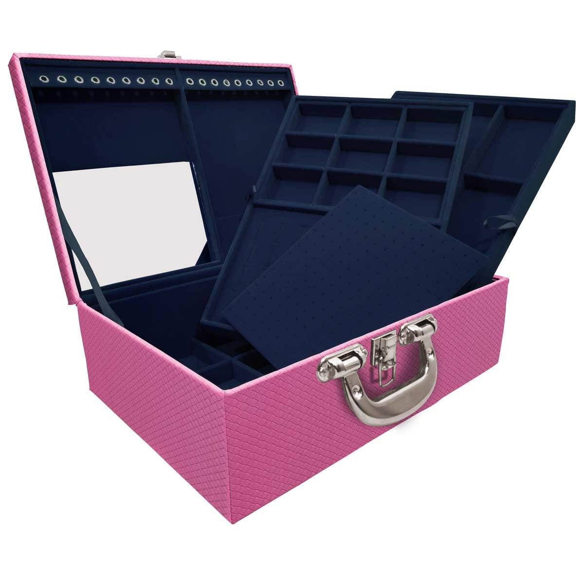 Estojo Maleta Porta Jóias Triplo Grande Ladrilhado Pink Com Alça Cromada e Espelho