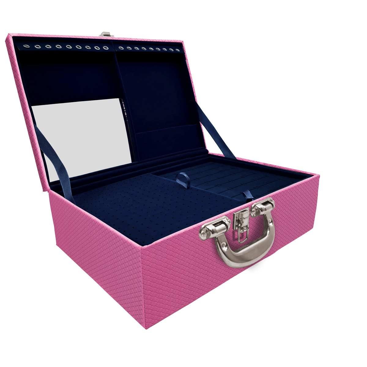 Estojo Maleta Porta Jóias Triplo Grande Ladrilhado Pink Com Alça Cromada e Espelho