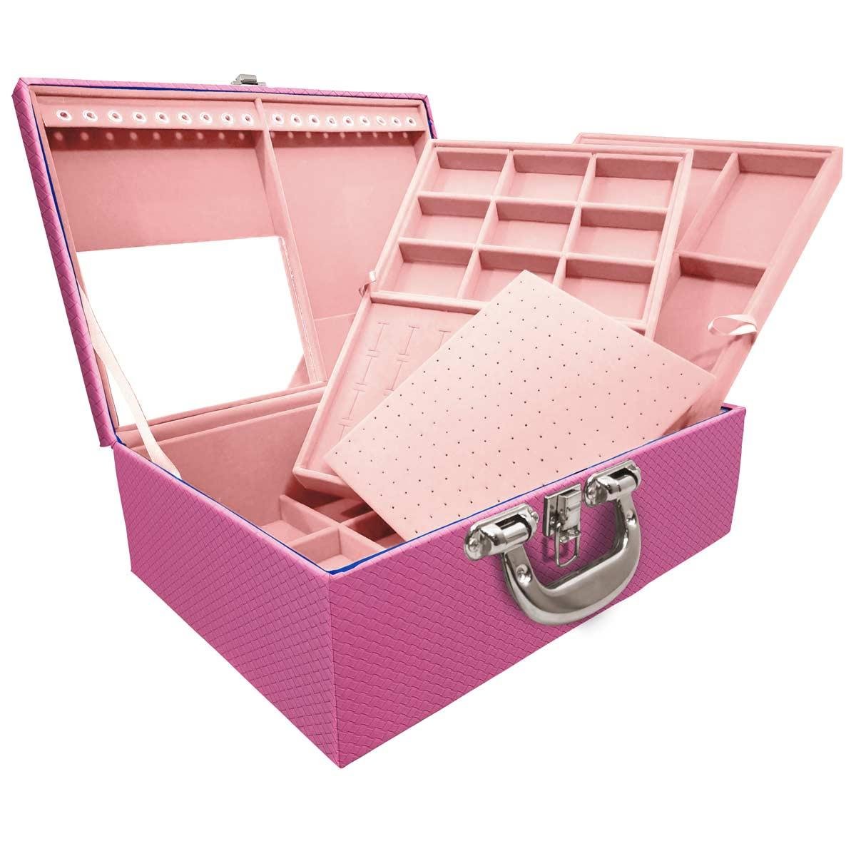Estojo Maleta Porta Jóias Triplo Grande Ladrilhado Pink Com Alça Cromada e Espelho