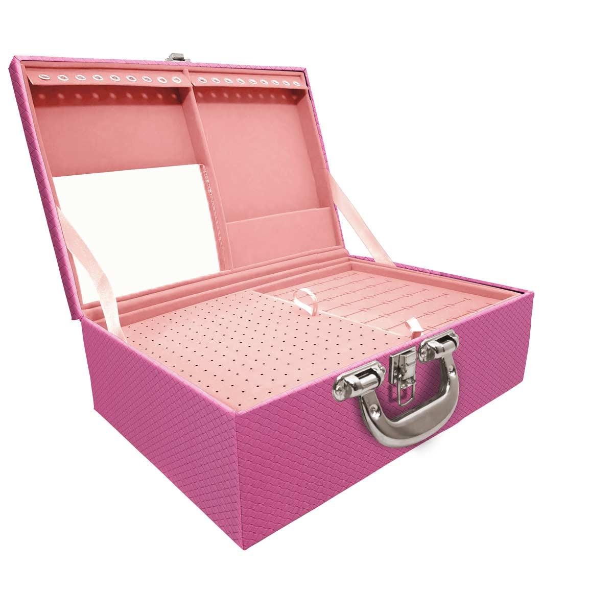 Estojo Maleta Porta Jóias Triplo Grande Ladrilhado Pink Com Alça Cromada e Espelho