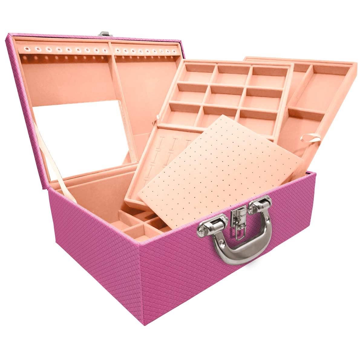 Estojo Maleta Porta Jóias Triplo Grande Ladrilhado Pink Com Alça Cromada e Espelho