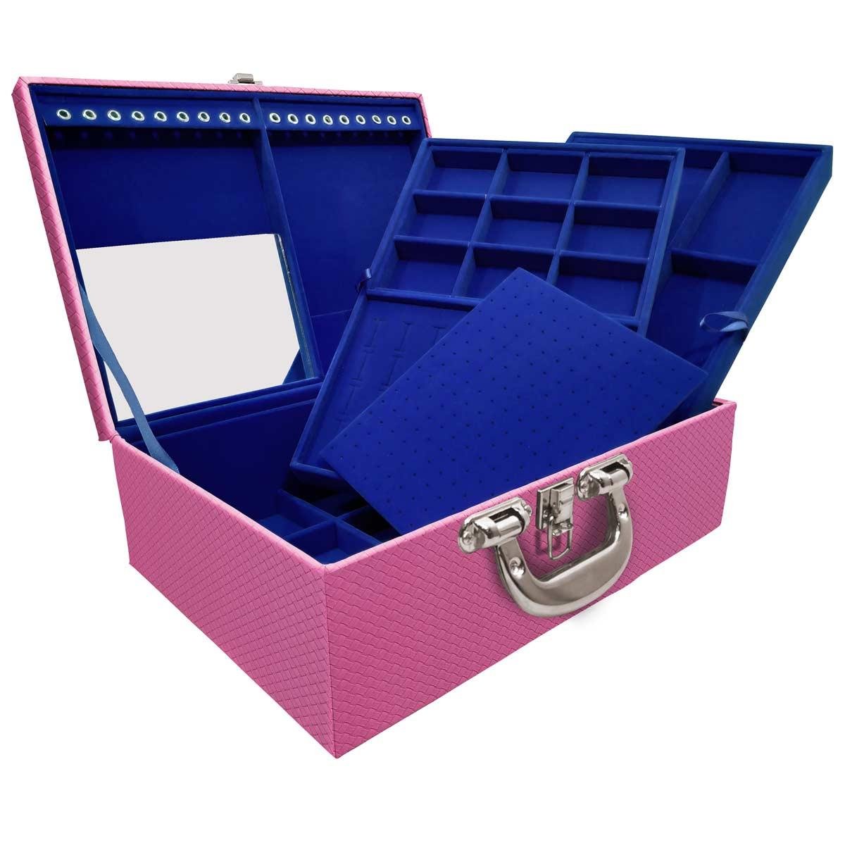 Estojo Maleta Porta Jóias Triplo Grande Ladrilhado Pink Com Alça Cromada e Espelho