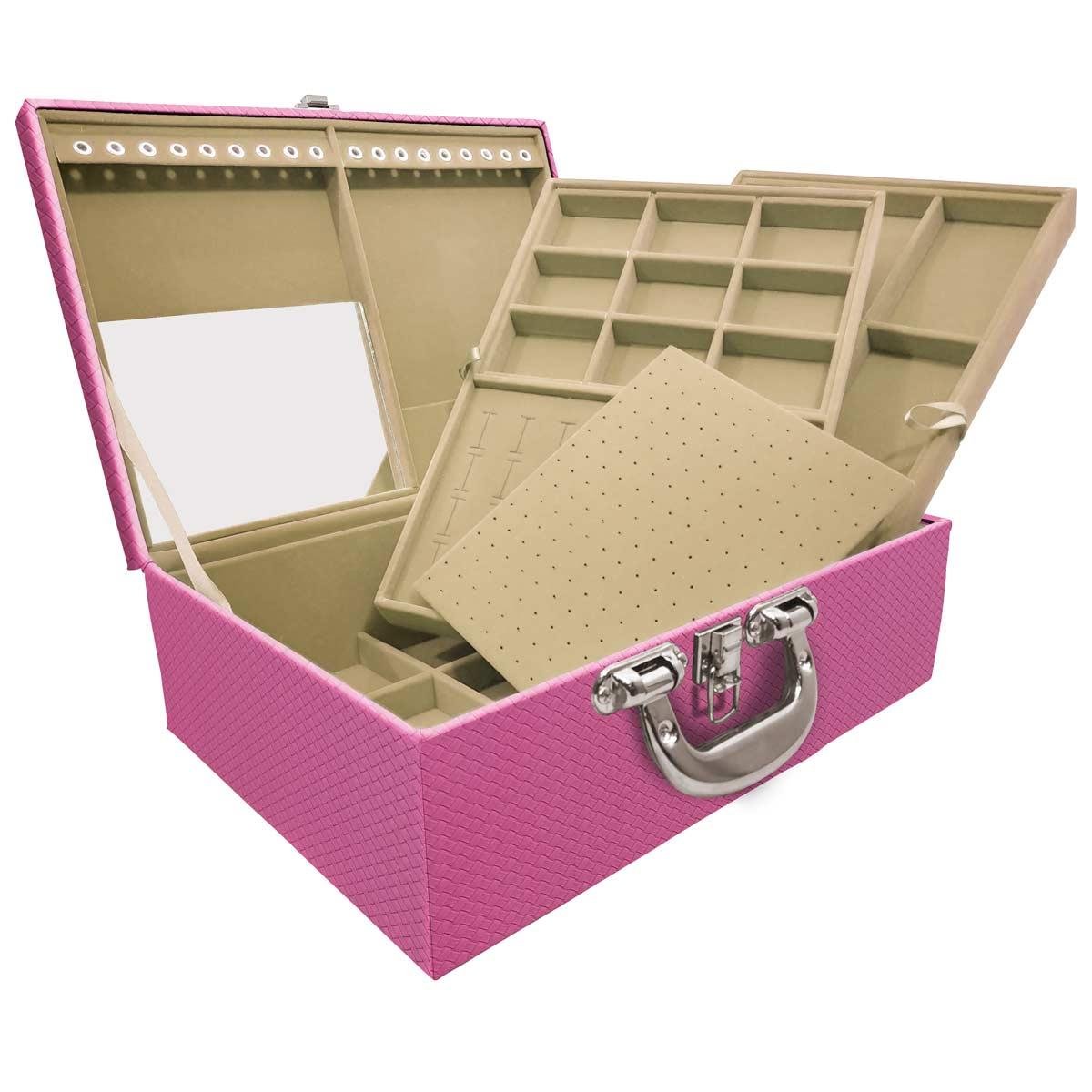 Estojo Maleta Porta Jóias Triplo Grande Ladrilhado Pink Com Alça Cromada e Espelho