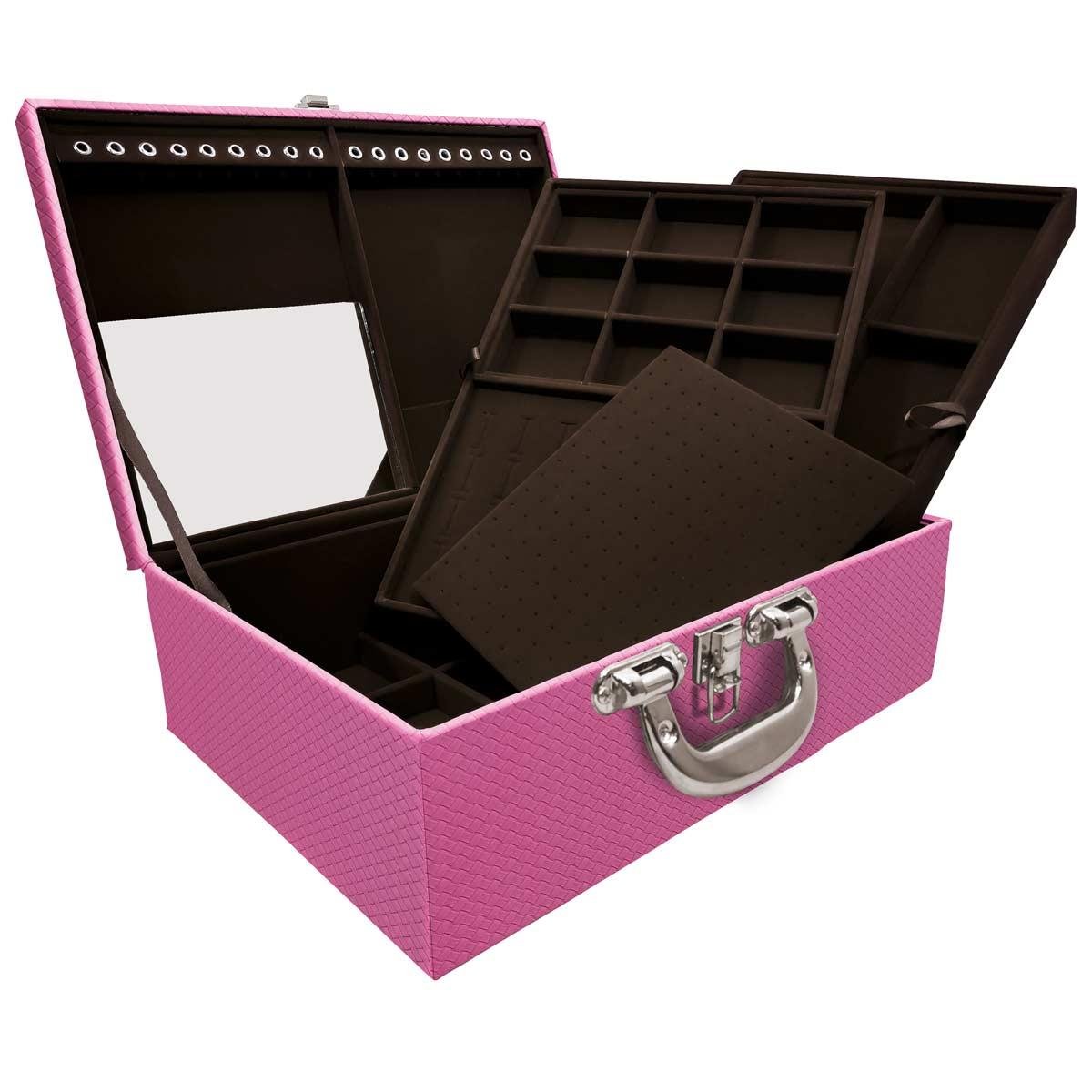 Estojo Maleta Porta Jóias Triplo Grande Ladrilhado Pink Com Alça Cromada e Espelho