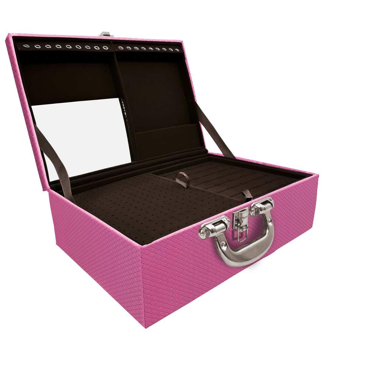 Estojo Maleta Porta Jóias Triplo Grande Ladrilhado Pink Com Alça Cromada e Espelho