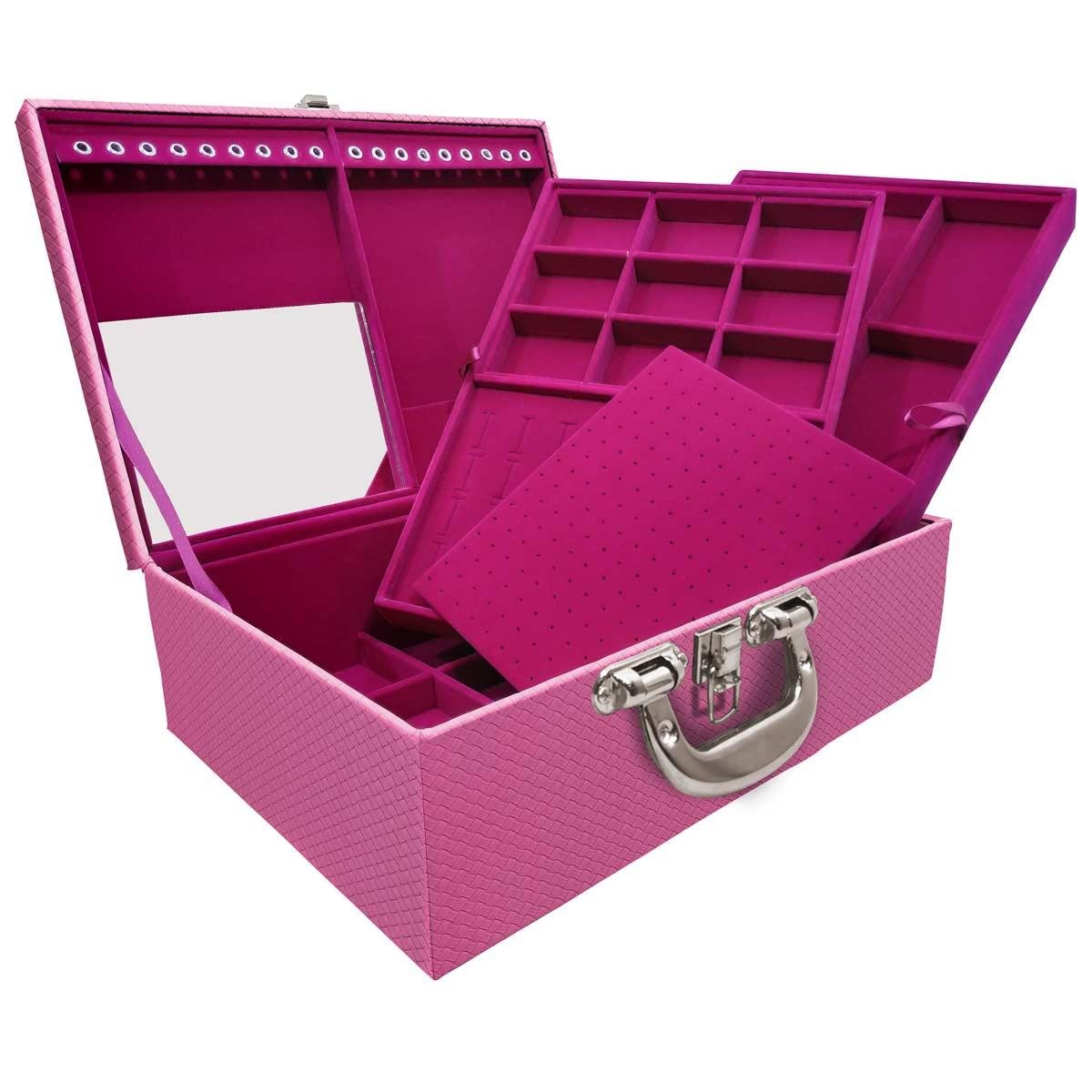 Estojo Maleta Porta Jóias Triplo Grande Ladrilhado Pink Com Alça Cromada e Espelho