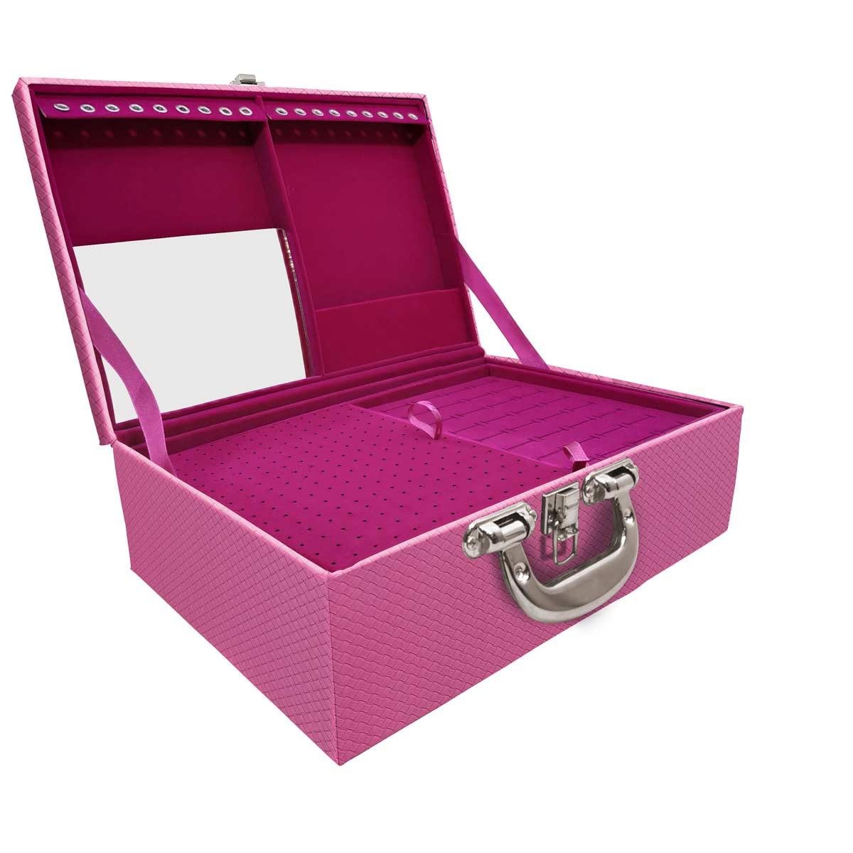 Estojo Maleta Porta Jóias Triplo Grande Ladrilhado Pink Com Alça Cromada e Espelho