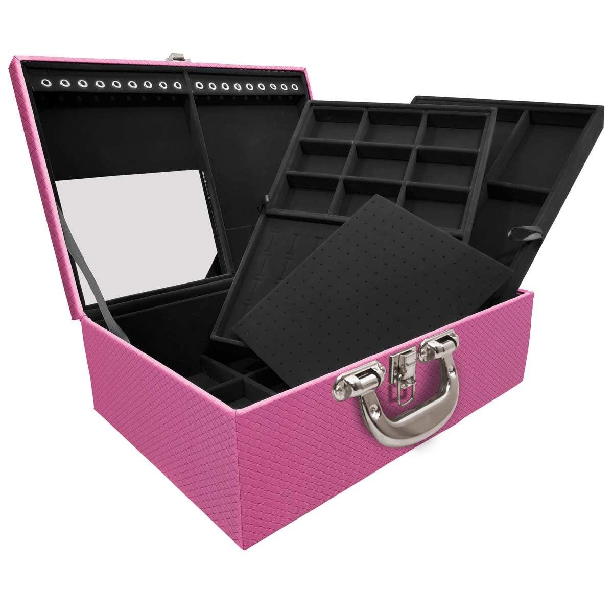 Estojo Maleta Porta Jóias Triplo Grande Ladrilhado Pink Com Alça Cromada e Espelho