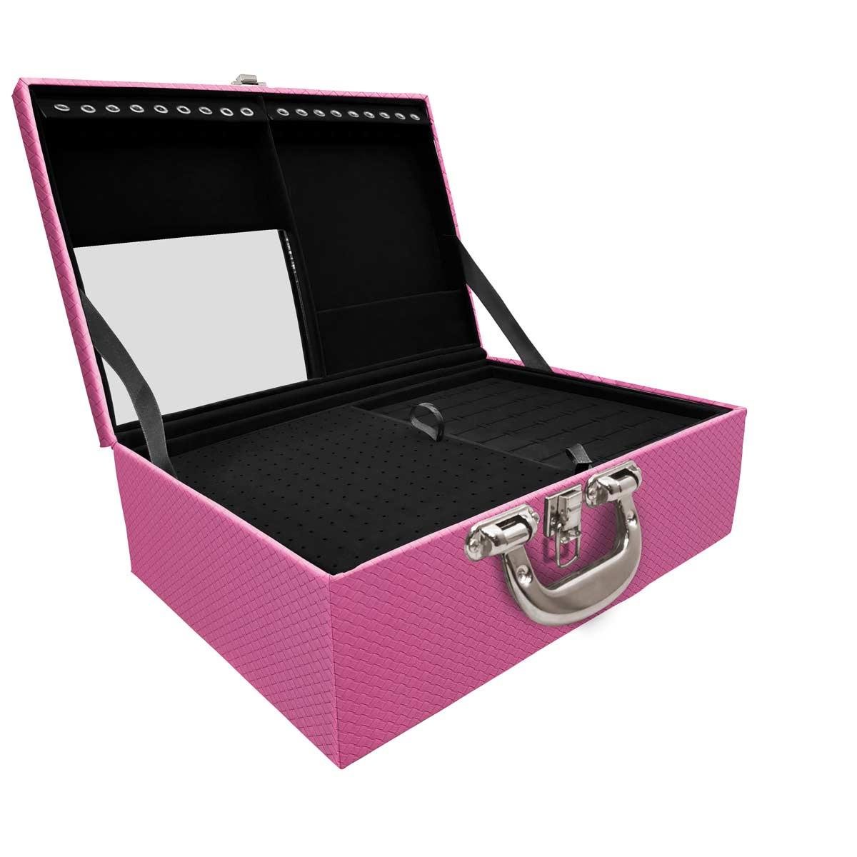 Estojo Maleta Porta Jóias Triplo Grande Ladrilhado Pink Com Alça Cromada e Espelho