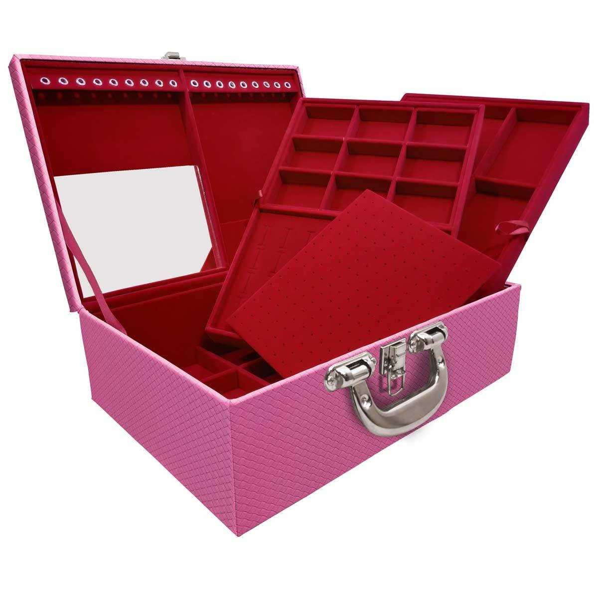 Estojo Maleta Porta Jóias Triplo Grande Ladrilhado Pink Com Alça Cromada e Espelho