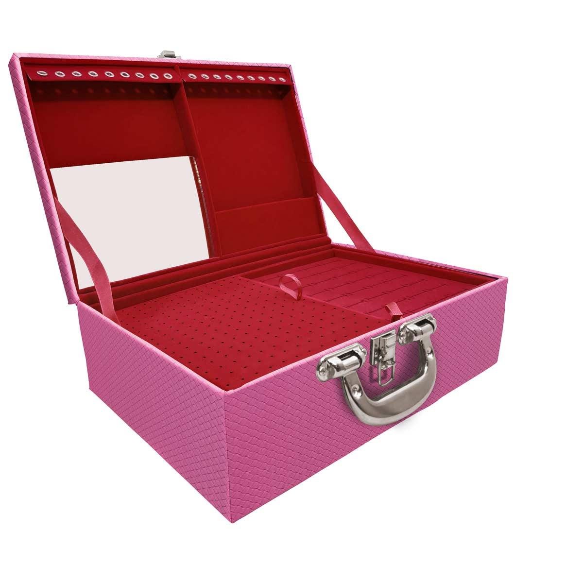 Estojo Maleta Porta Jóias Triplo Grande Ladrilhado Pink Com Alça Cromada e Espelho