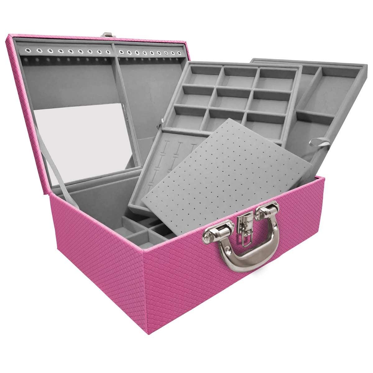 Estojo Maleta Porta Jóias Triplo Grande Ladrilhado Pink Com Alça Cromada e Espelho