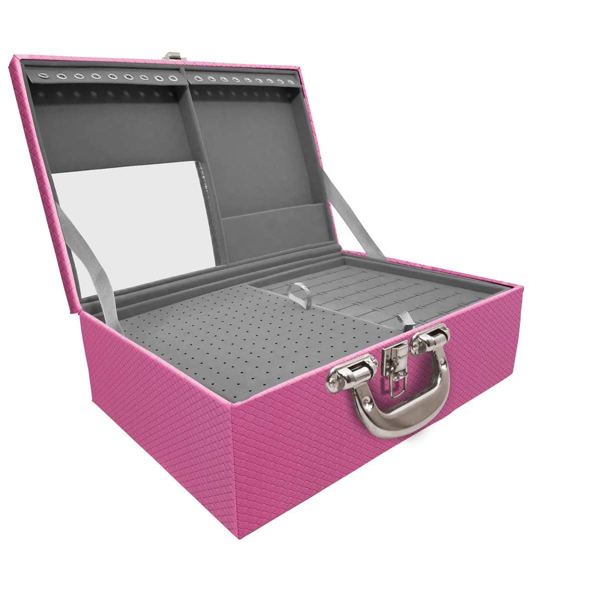 Estojo Maleta Porta Jóias Triplo Grande Ladrilhado Pink Com Alça Cromada e Espelho