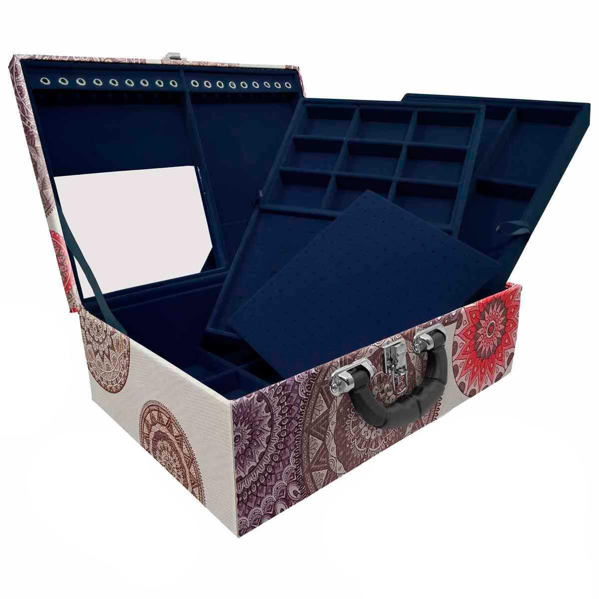 Estojo Maleta Porta Jóias Triplo Grande Mandala Bege Com Alça Preta e Espelho