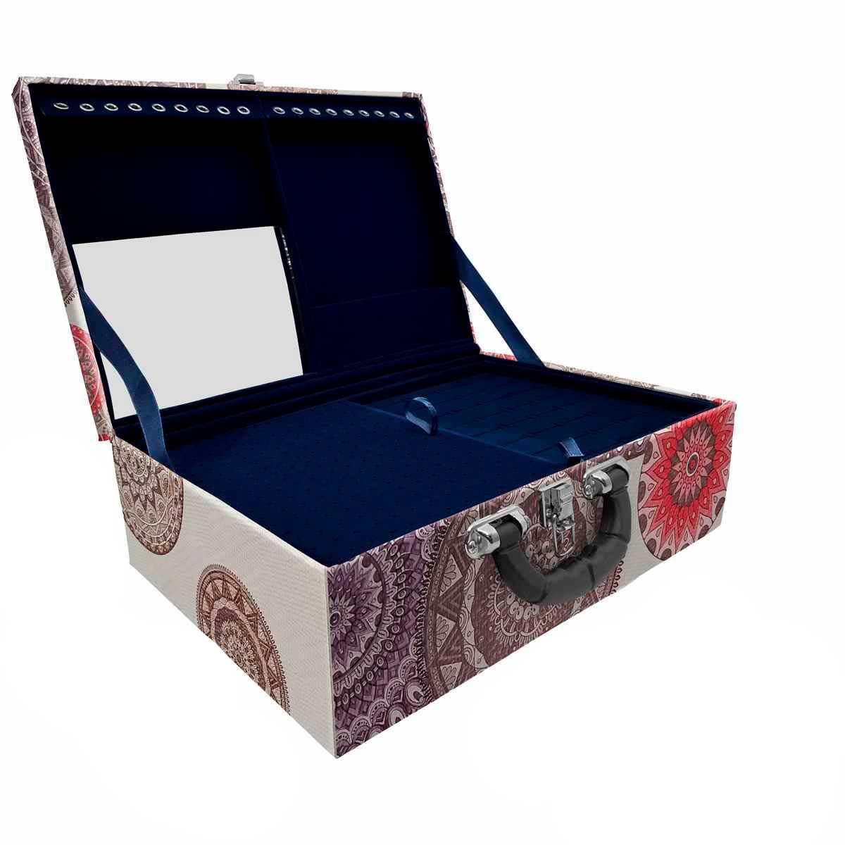 Estojo Maleta Porta Jóias Triplo Grande Mandala Bege Com Alça Preta e Espelho