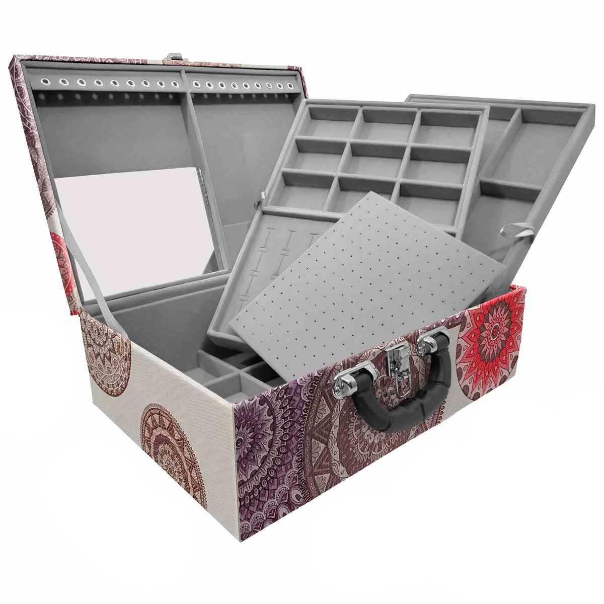 Estojo Maleta Porta Jóias Triplo Grande Mandala Bege Com Alça Preta e Espelho