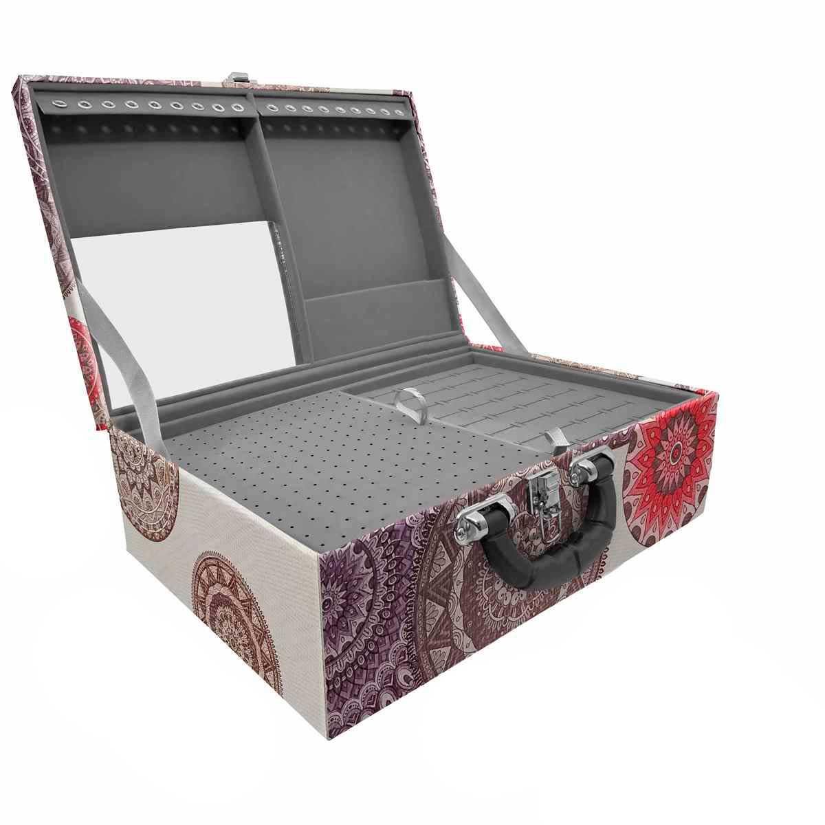 Estojo Maleta Porta Jóias Triplo Grande Mandala Bege Com Alça Preta e Espelho