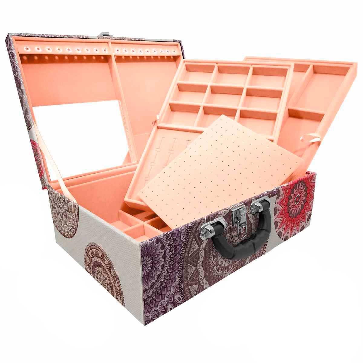 Estojo Maleta Porta Jóias Triplo Grande Mandala Bege Com Alça Preta e Espelho