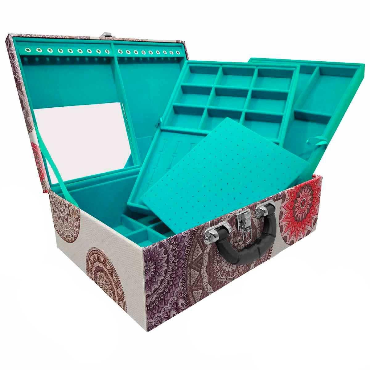 Estojo Maleta Porta Jóias Triplo Grande Mandala Bege Com Alça Preta e Espelho