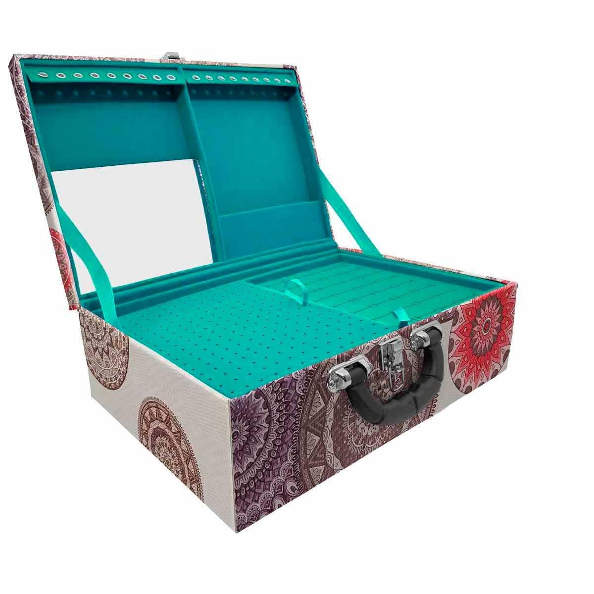 Estojo Maleta Porta Jóias Triplo Grande Mandala Bege Com Alça Preta e Espelho