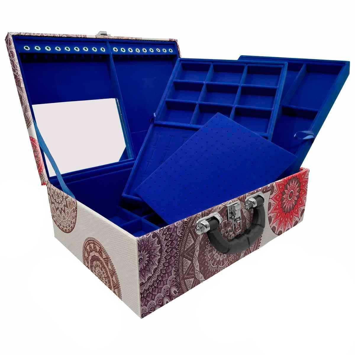 Estojo Maleta Porta Jóias Triplo Grande Mandala Bege Com Alça Preta e Espelho