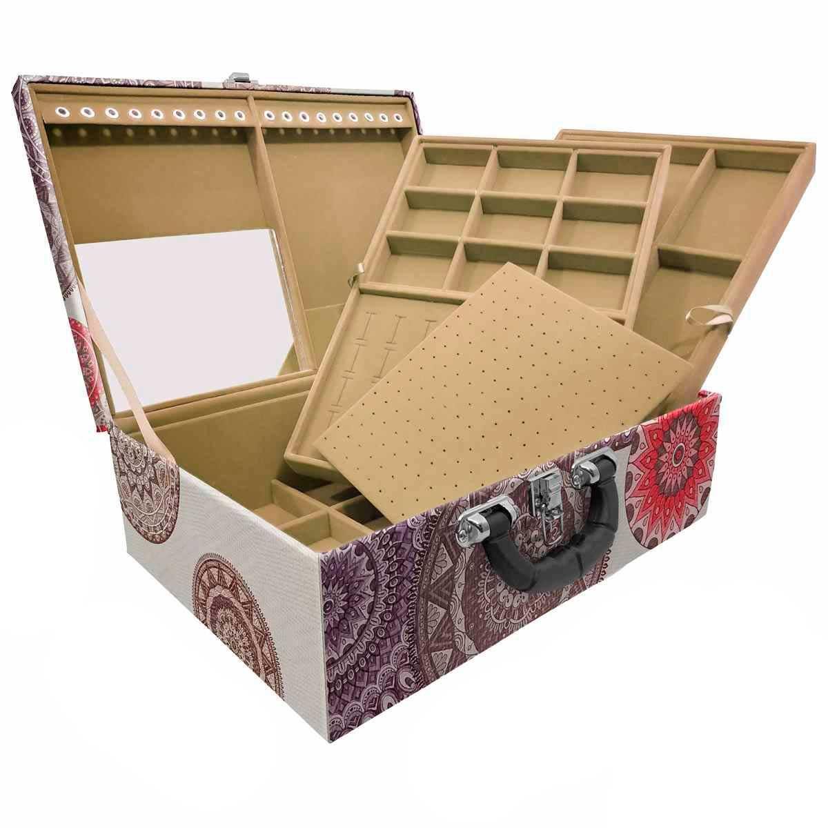 Estojo Maleta Porta Jóias Triplo Grande Mandala Bege Com Alça Preta e Espelho