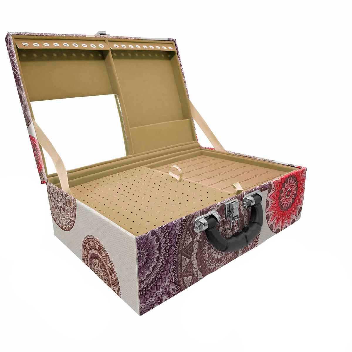 Estojo Maleta Porta Jóias Triplo Grande Mandala Bege Com Alça Preta e Espelho