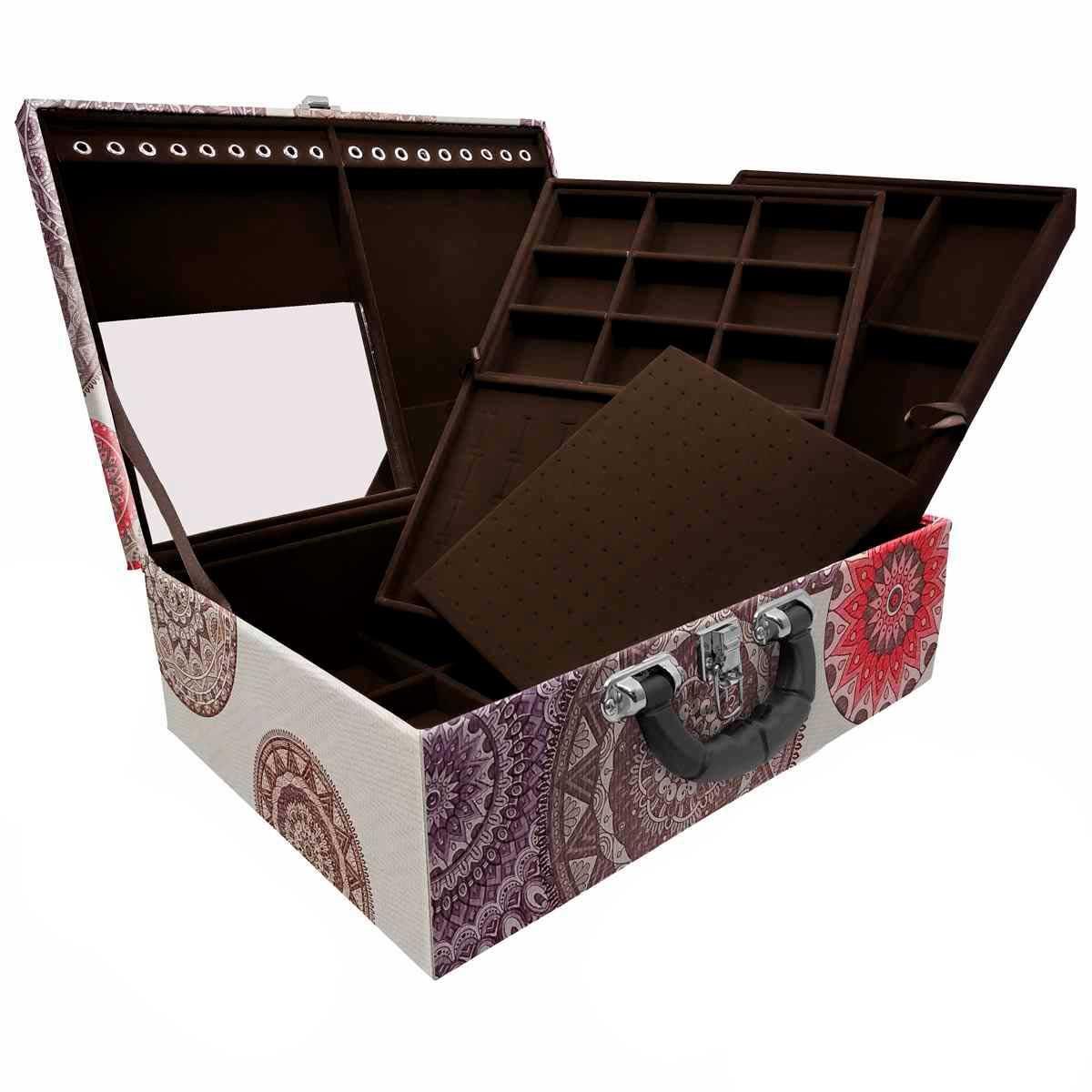 Estojo Maleta Porta Jóias Triplo Grande Mandala Bege Com Alça Preta e Espelho