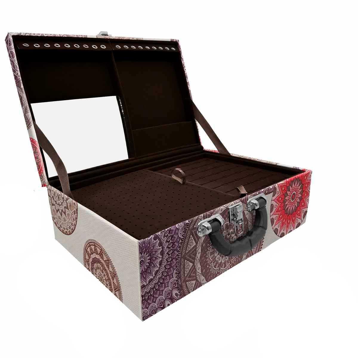 Estojo Maleta Porta Jóias Triplo Grande Mandala Bege Com Alça Preta e Espelho