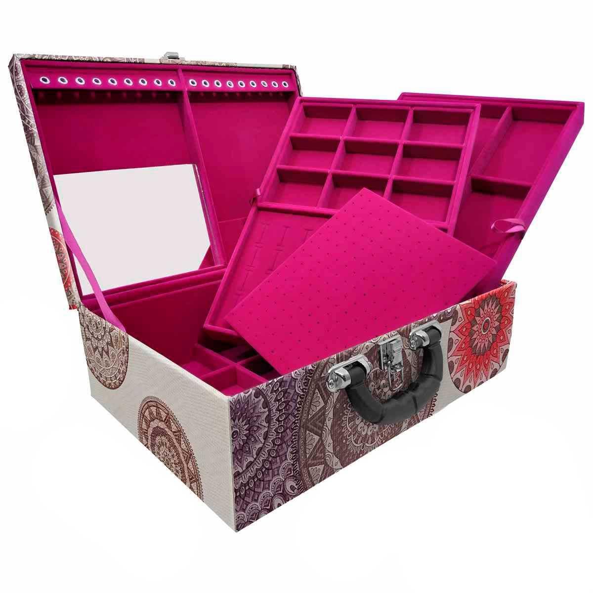 Estojo Maleta Porta Jóias Triplo Grande Mandala Bege Com Alça Preta e Espelho