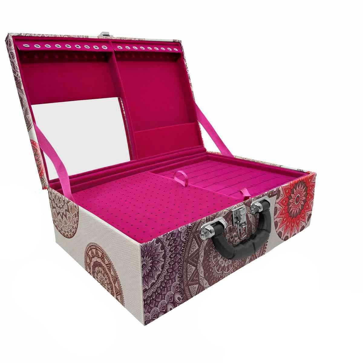 Estojo Maleta Porta Jóias Triplo Grande Mandala Bege Com Alça Preta e Espelho