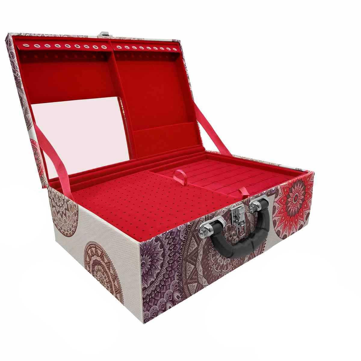 Estojo Maleta Porta Jóias Triplo Grande Mandala Bege Com Alça Preta e Espelho