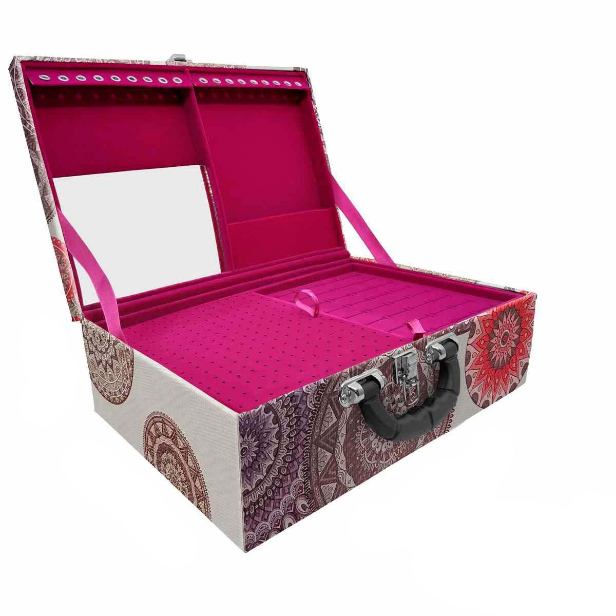 Estojo Maleta Porta Jóias Triplo Grande Mandala Bege Com Alça Preta e Espelho