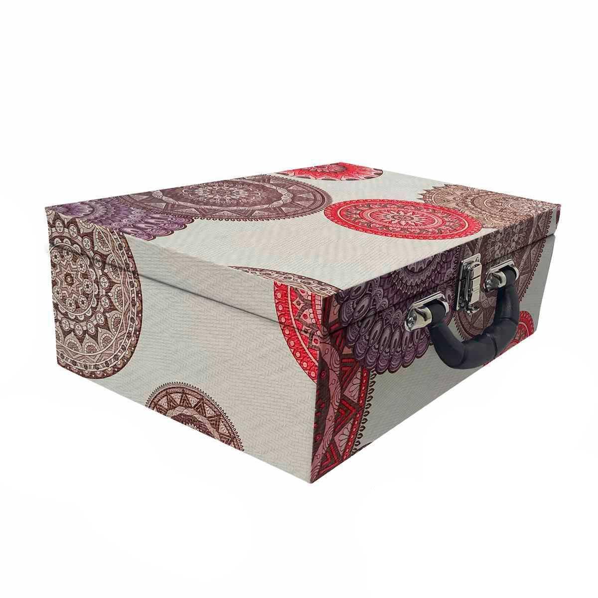 Estojo Maleta Porta Jóias Triplo Grande Mandala Bege Com Alça Preta e Espelho