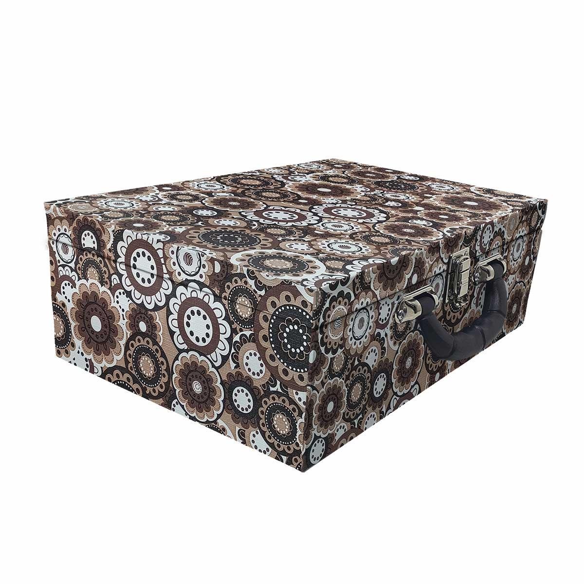 Estojo Maleta Porta Jóias Tripla Grande Mandala Marrom Com Alça Preta e Espelho