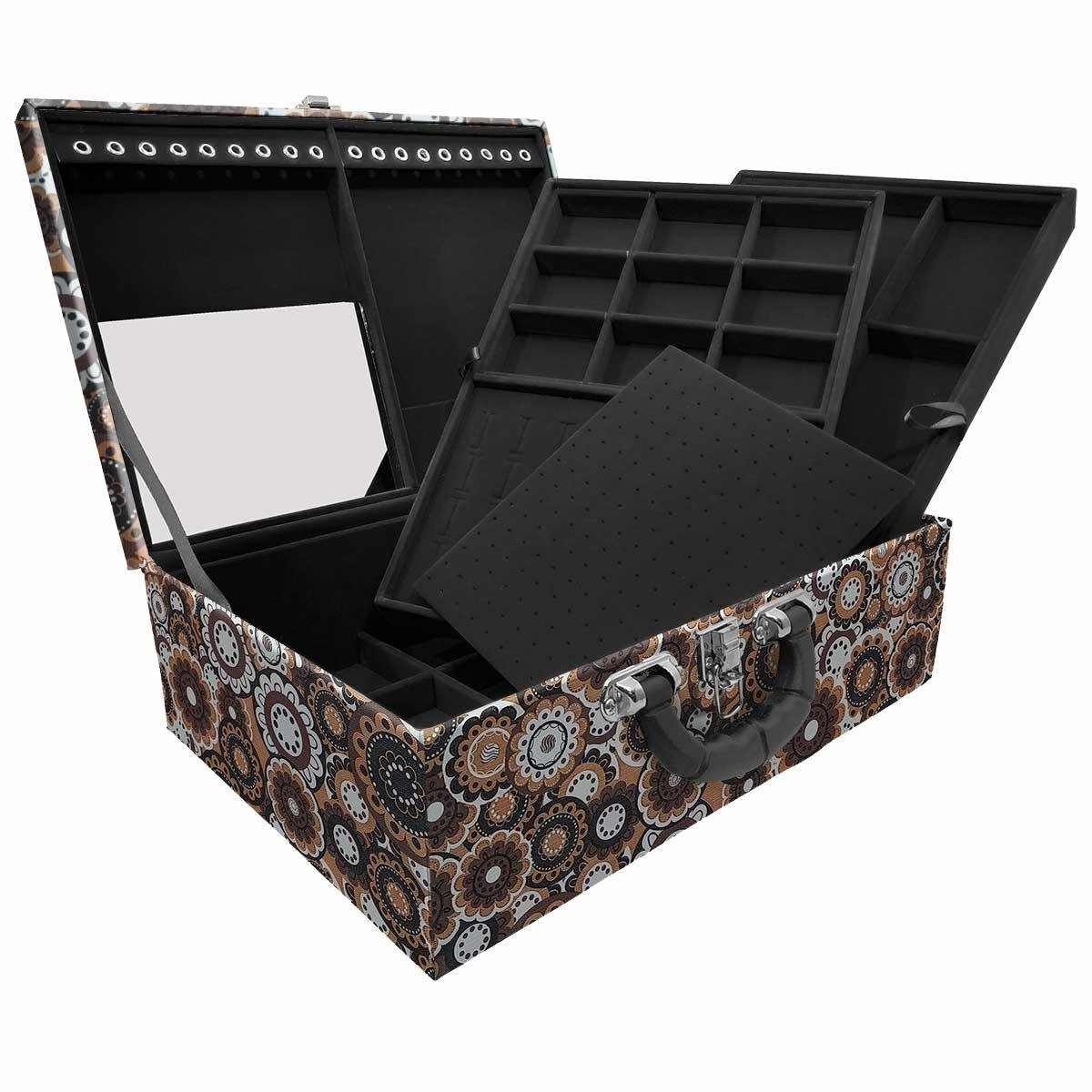 Estojo Maleta Porta Jóias Tripla Grande Mandala Marrom Com Alça Preta e Espelho