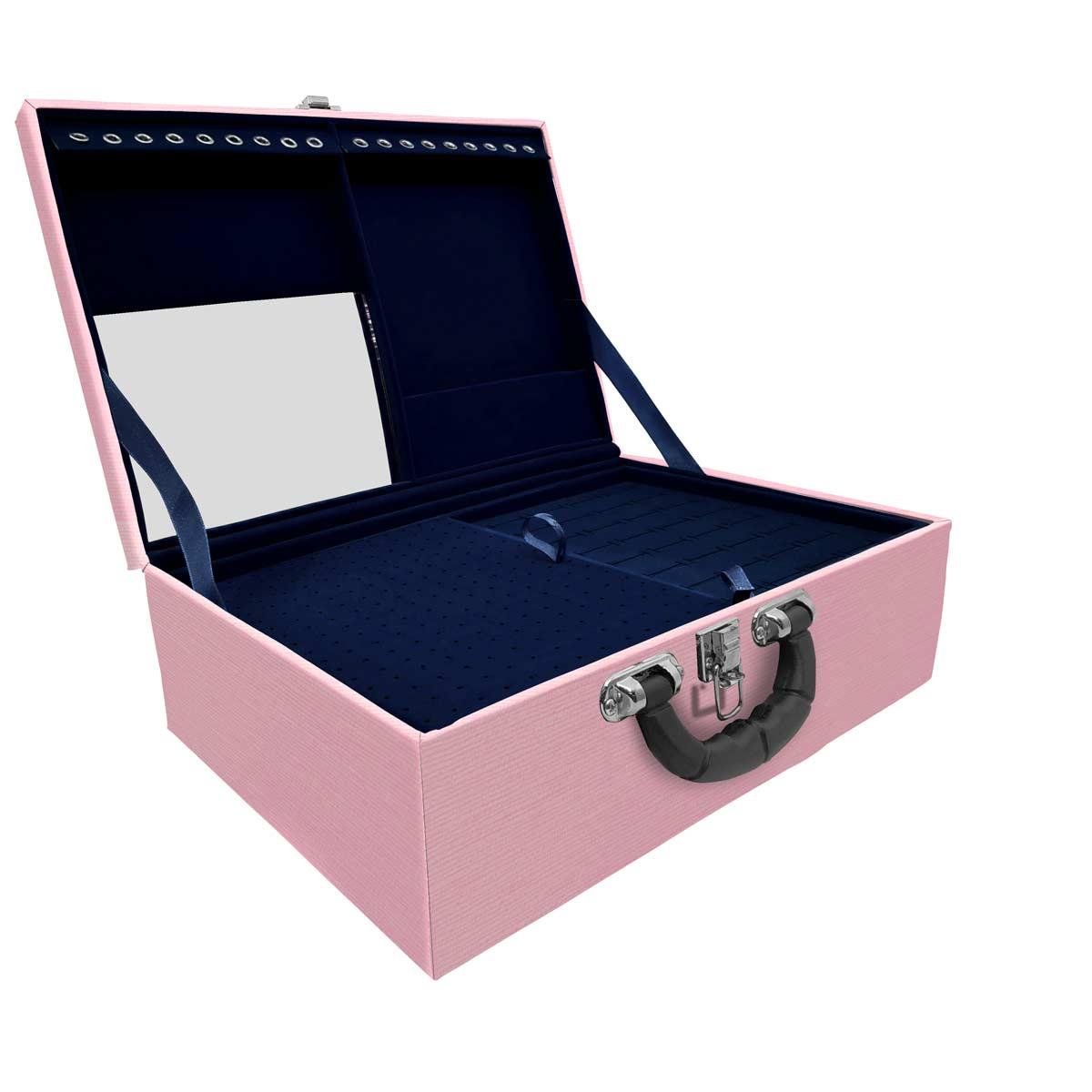 Estojo Maleta Porta Jóias Triplo Grande Milão Rosa Com Alça Preta e Espelho