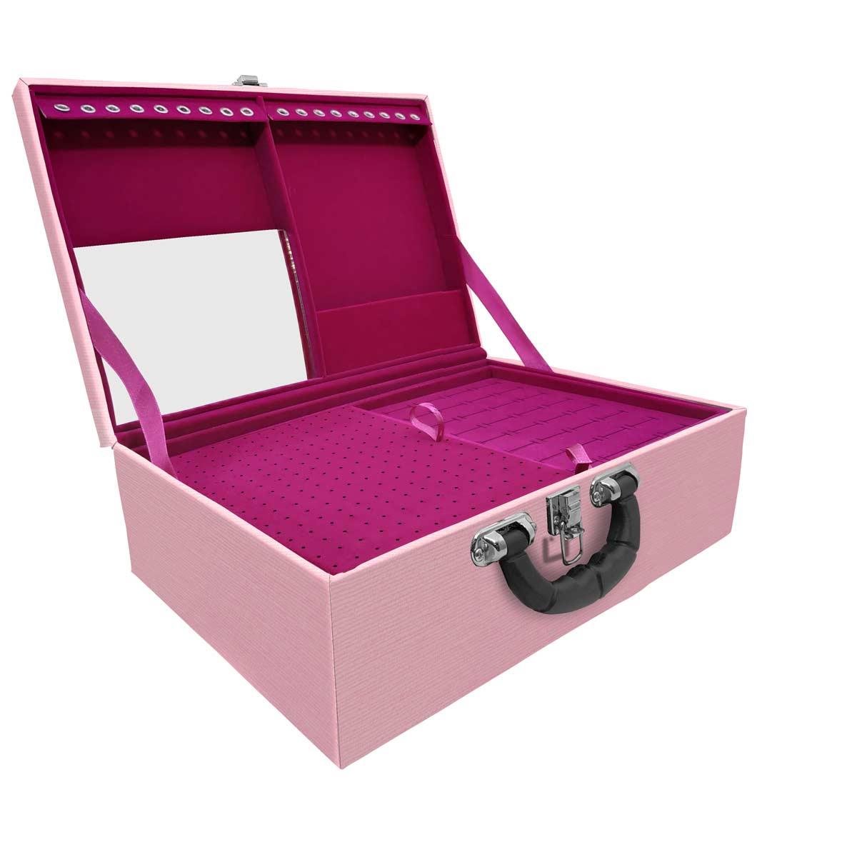 Estojo Maleta Porta Jóias Triplo Grande Milão Rosa Com Alça Preta e Espelho
