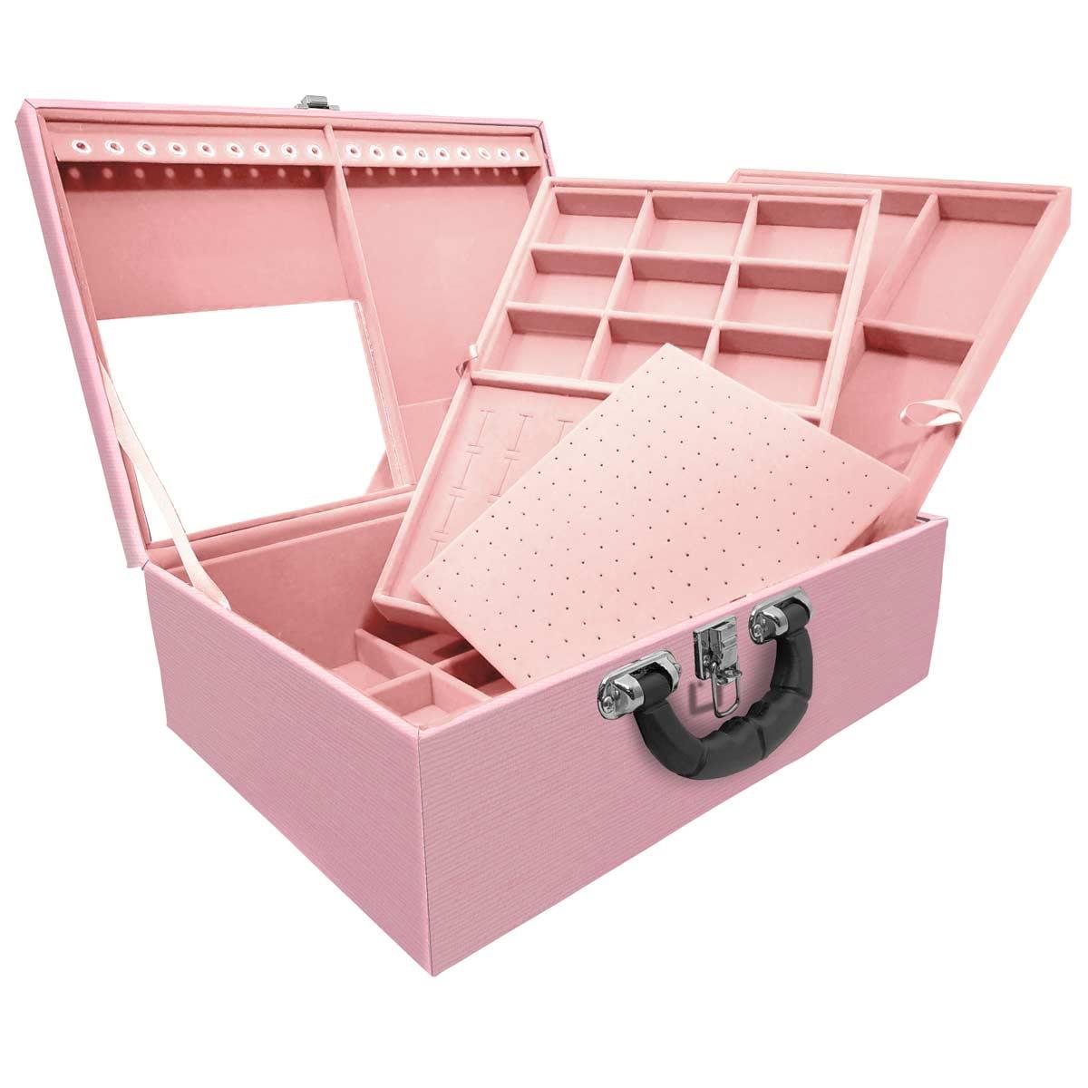 Estojo Maleta Porta Jóias Triplo Grande Milão Rosa Com Alça Preta e Espelho